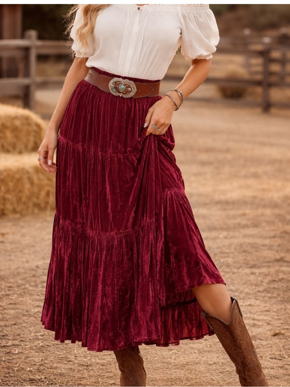 Double D Ranch NEW See the Stars Burgundy Tiered  Velvet Maxi Skirt Size S